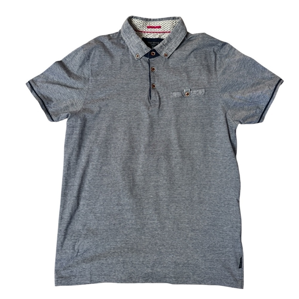 Ted Baker Men's Button Front Collar Short Sleeve Polo Shirt Blue 100%Cotton Sz 4